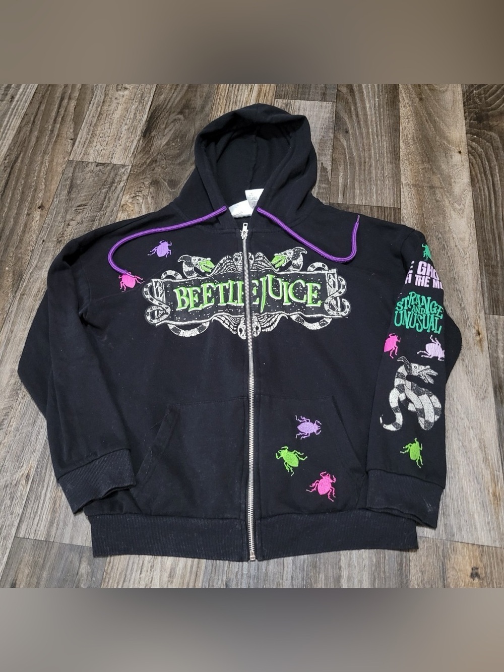 Beetlejuice Graphic Zip-Up Hoodie - Black with Green & Purple Accents